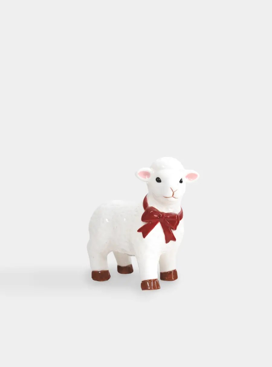 Статуэтка, 10 см, фарфор, бело-красная, Барашек с бантом, Sheep