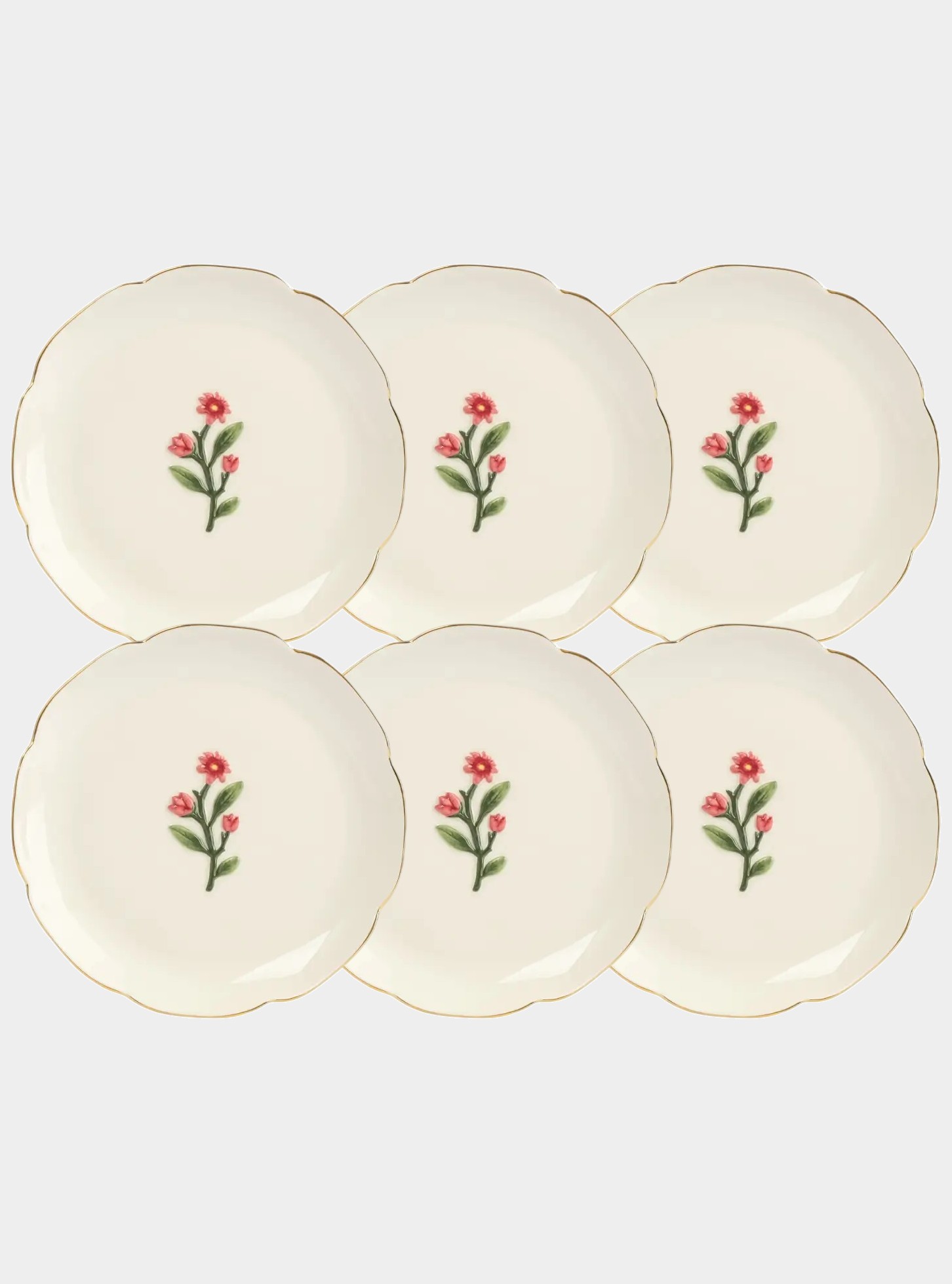 Набор 6 тарелок десертных, 17 см, керамика, молочная, с золотистым кантом, Фиолетовые цветы, Gentle flower