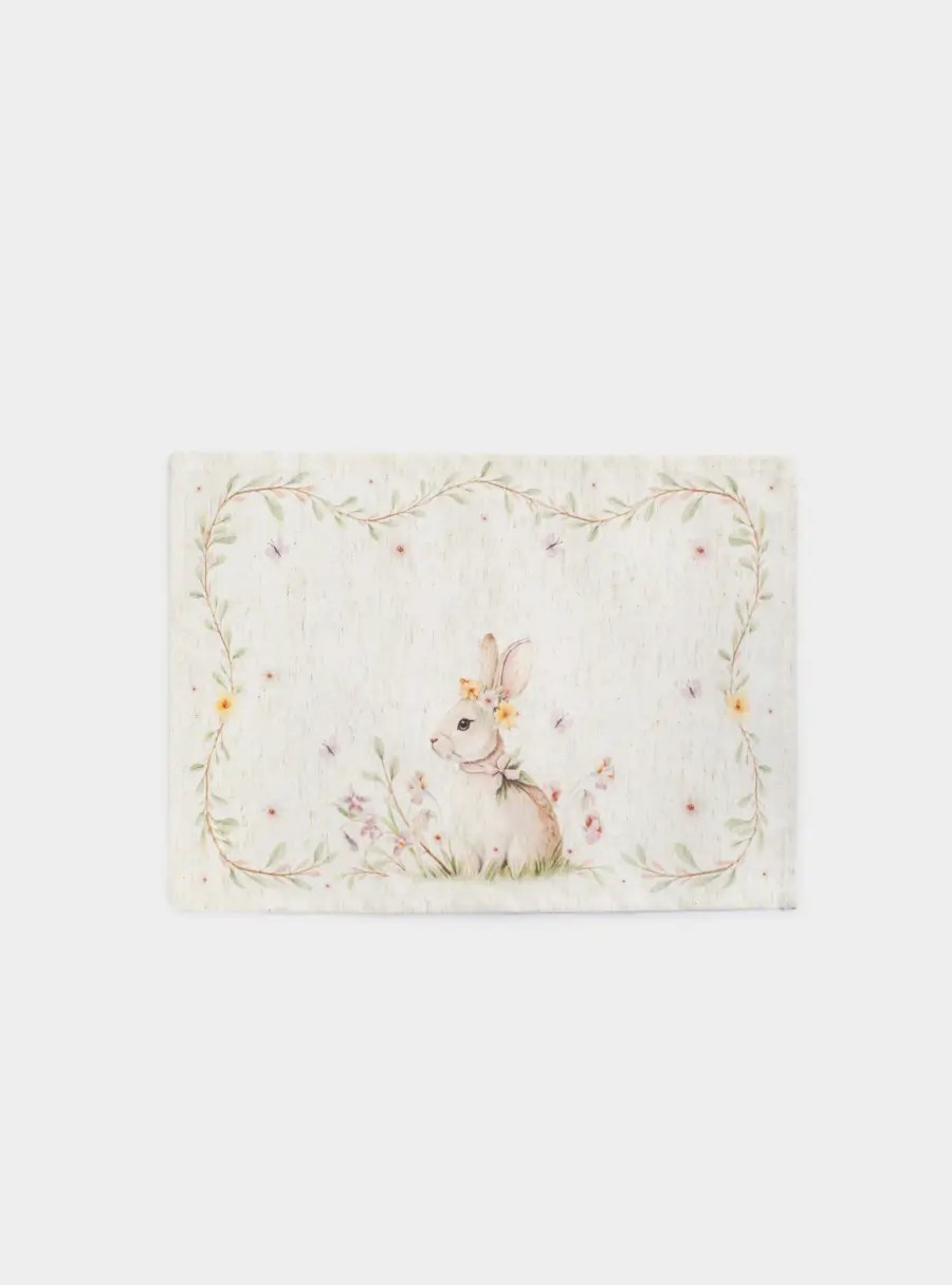 Салфетка под приборы, 30✕45 см, полиэстер/лен, бежевая, Кролик в цветах, Easter rabbit