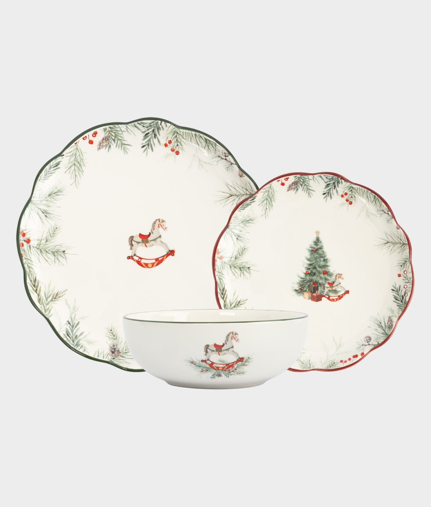 Набор обеденный 12 персон 36 предметов, керамика, зеленый, красный, Лошадка и елка, Festival
