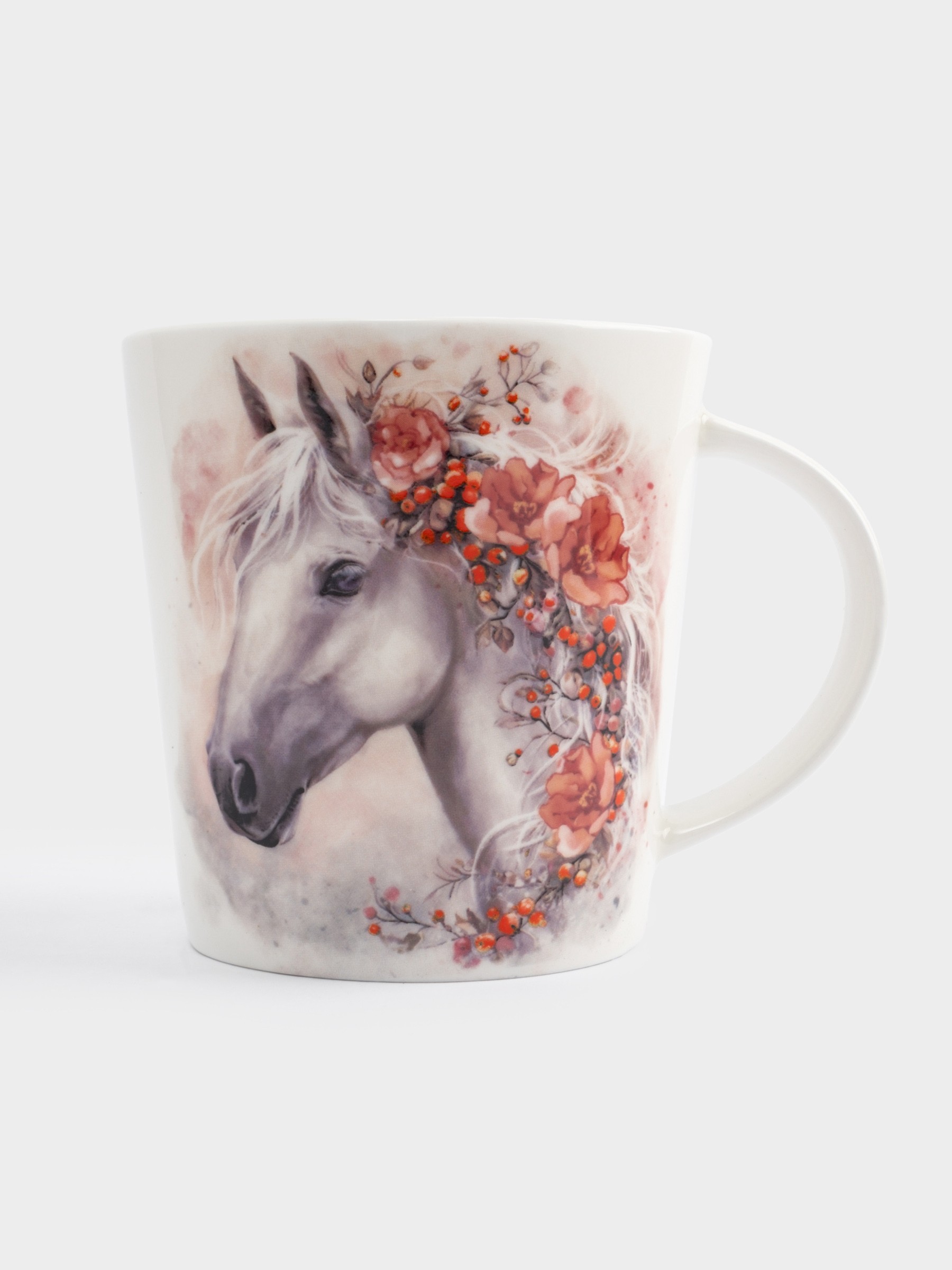 Кружка, 450 мл, костяной фарфор, белая, Лошадь с цветами, Horse Кружка, 450 мл, костяной фарфор, белая, Лошадь с цветами, Horse