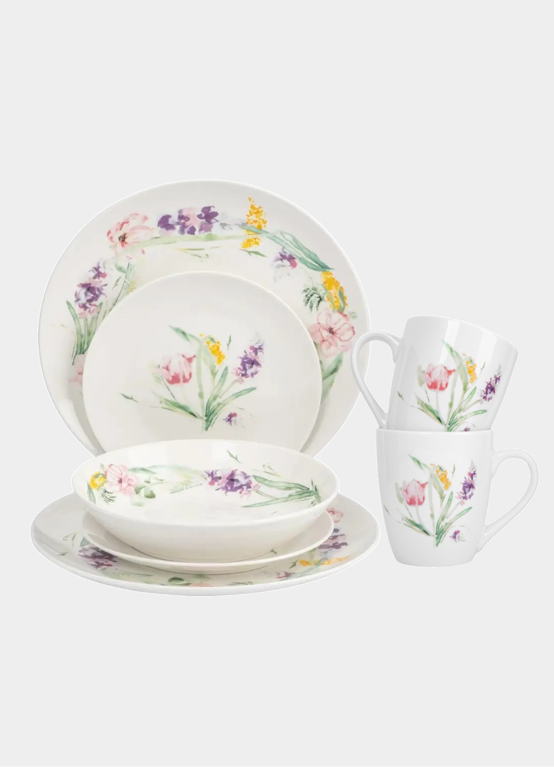 Сервиз обеденный с кружками, 6 персон, 24 предмета, фарфор, белый, Акварельные цветы, Bouquet
