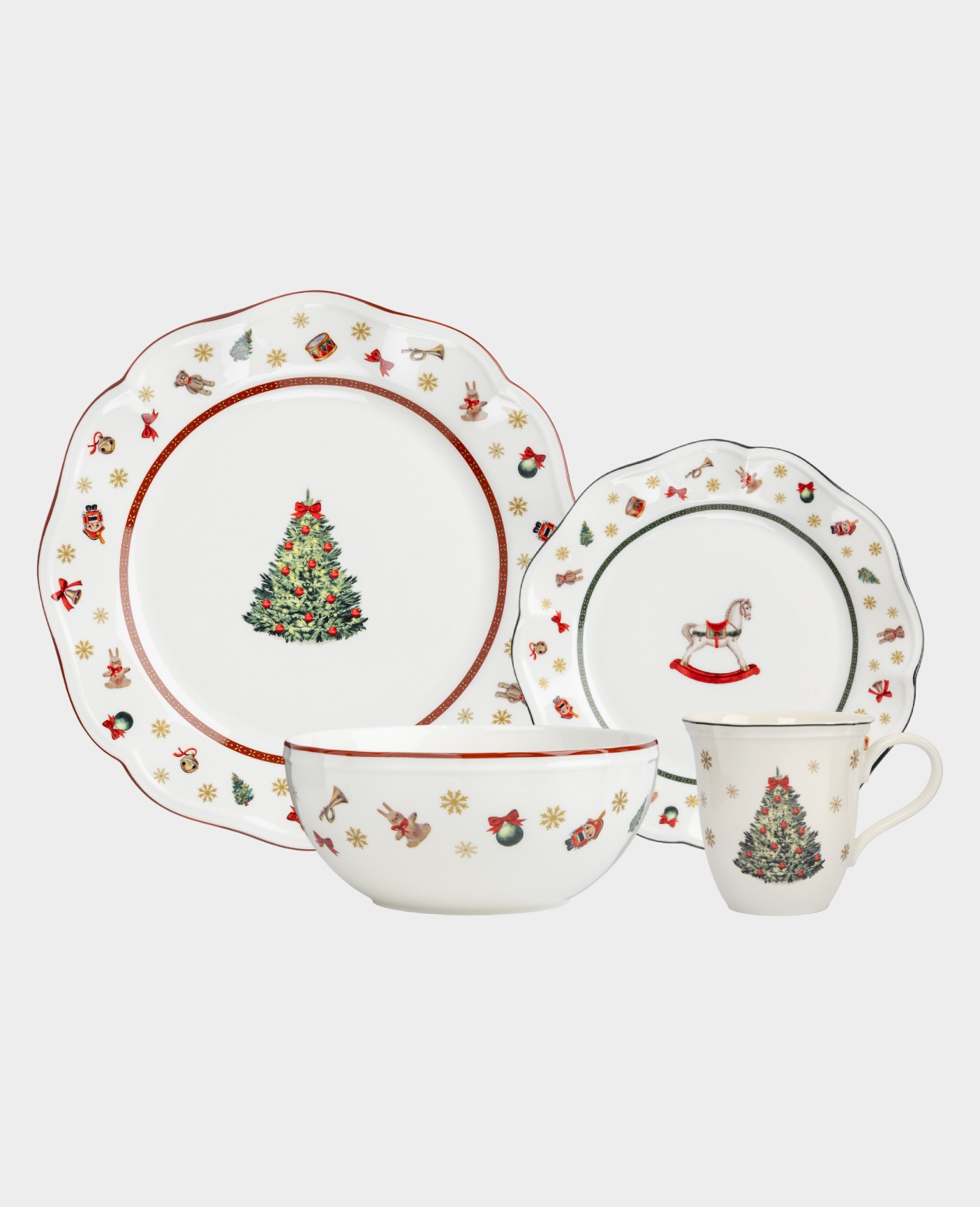 Набор обеденный с кружками 4 персоны, 16 предметов, костяной фарфор, белый, Елка, Miracle