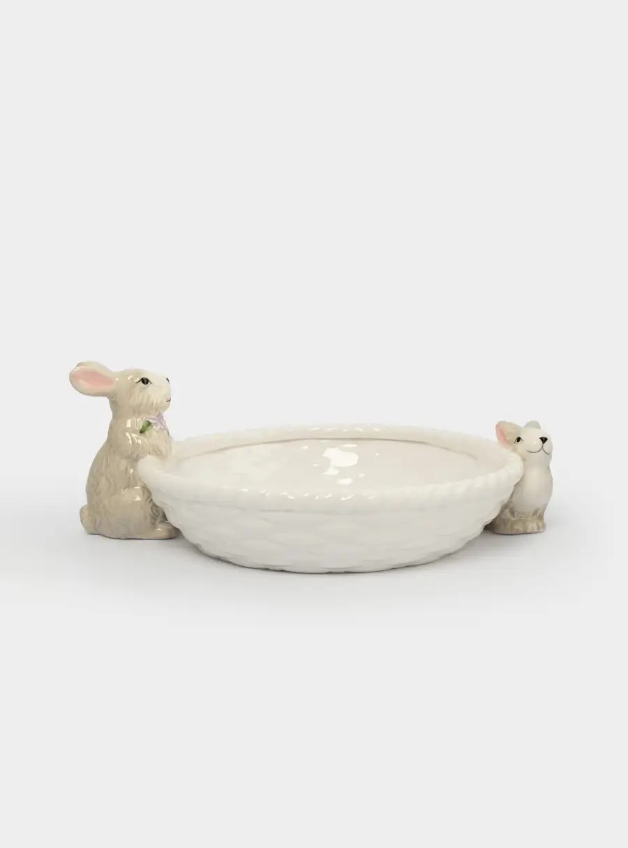 Ваза для фруктов, 26✕6 см, керамика, молочно-серая, Кролики с корзинкой, Brown Rabbit