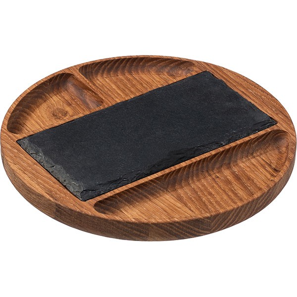 Менажница «Нова» 4 секции круглая, вставка из натурального сланца, дуб, 25 см