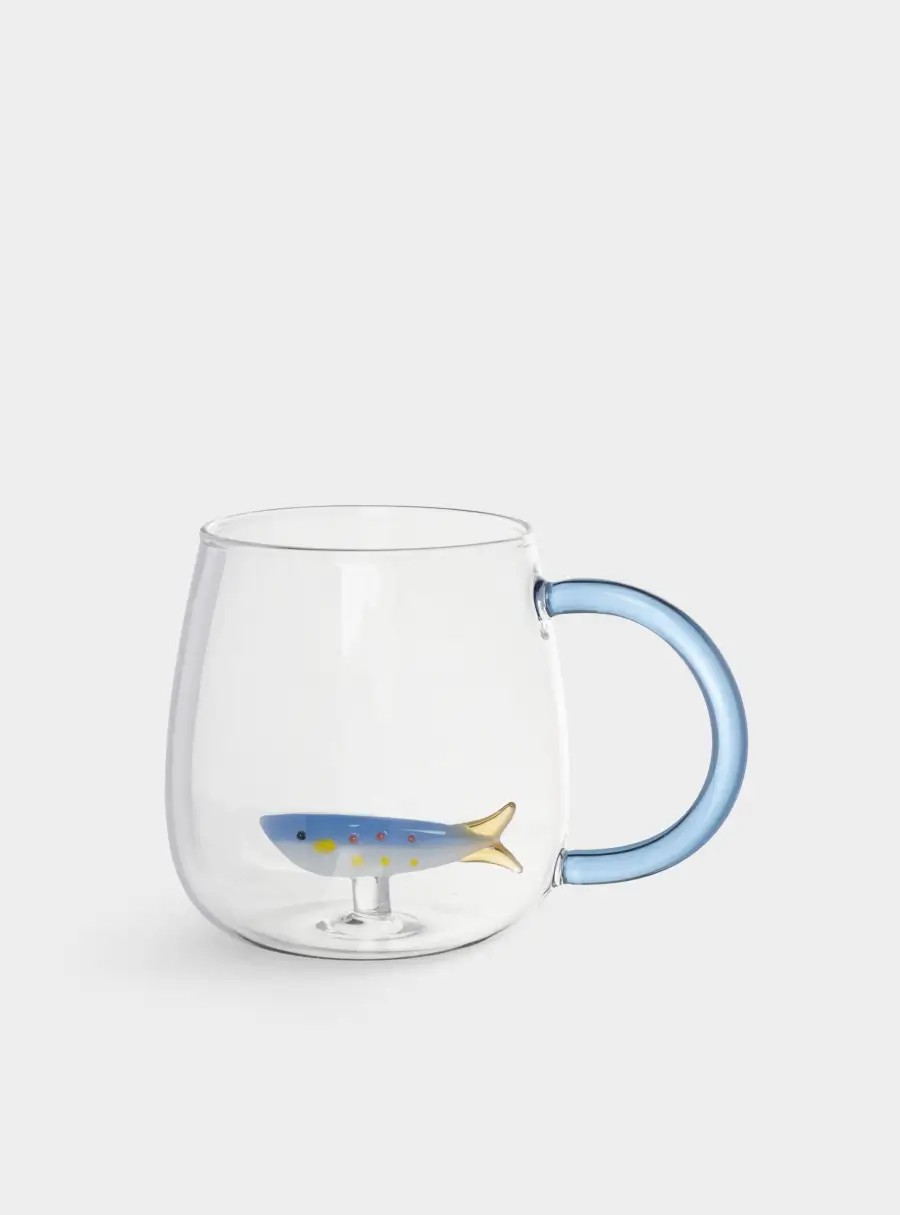 Кружка, 400 мл, стекло, голубая ручка, Рыбка, Sea world