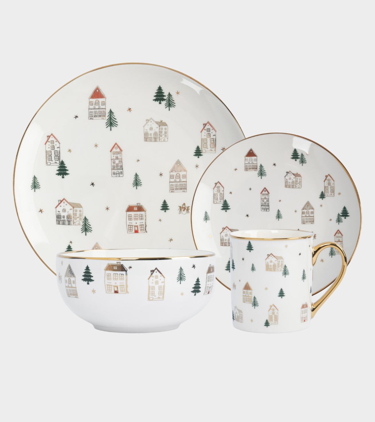 Набор обеденный с кружками 4 персоны 16 предметов, костяной фарфор, бело-золотистый, Домики и ели, Townlet