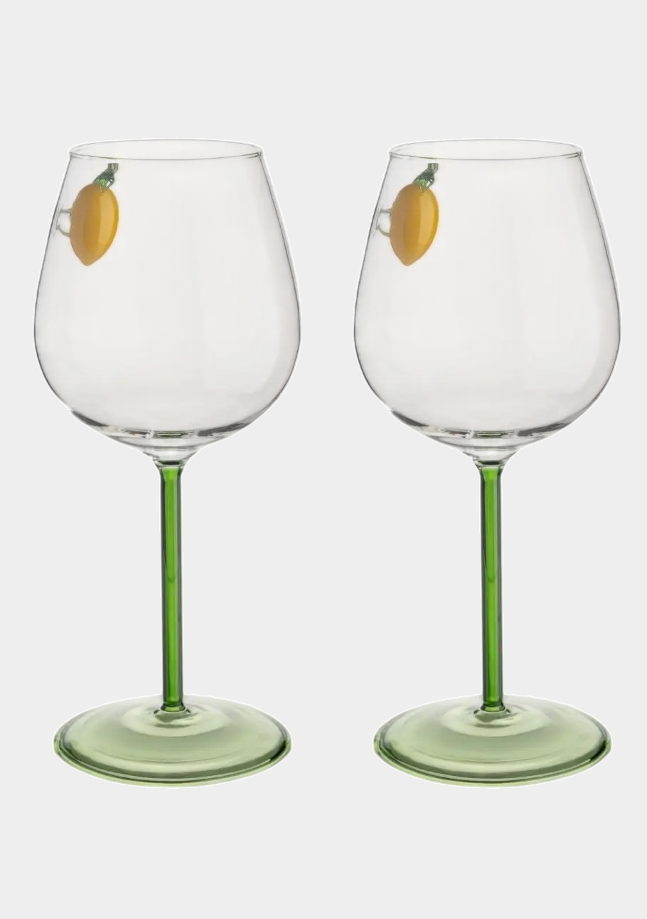 Набор 2 бокала для вина, 550 мл, стекло, зеленая ножка, Лимон, Lemon