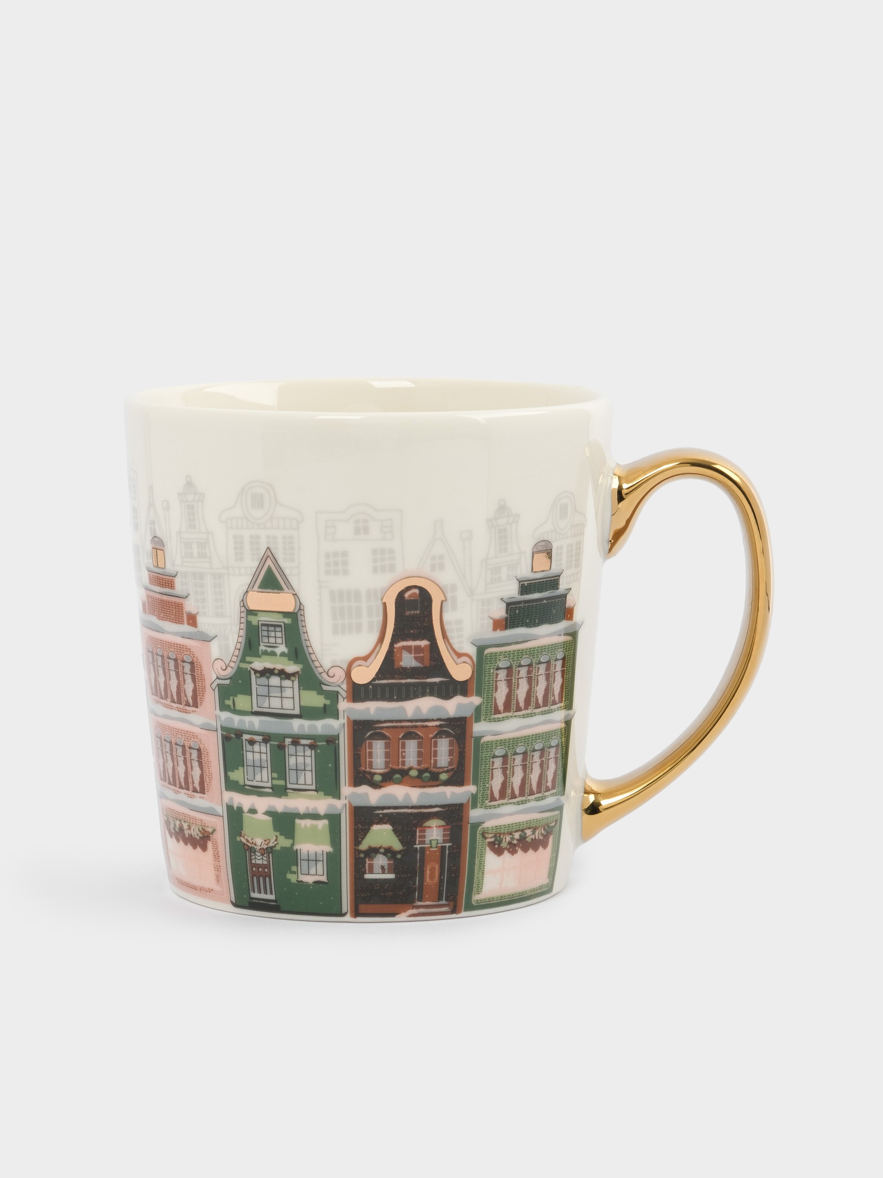 Кружка, 500 мл, костяной фарфор, бело-золотистая, Дома, Town Кружка, 500 мл, костяной фарфор, бело-золотистая, Дома, Town