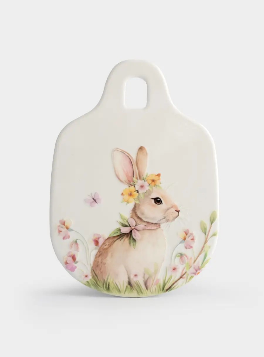 Подставка под горячее, 15✕21 см, керамика/пробка, белая, Кролик с венком в цветах, Easter rabbit