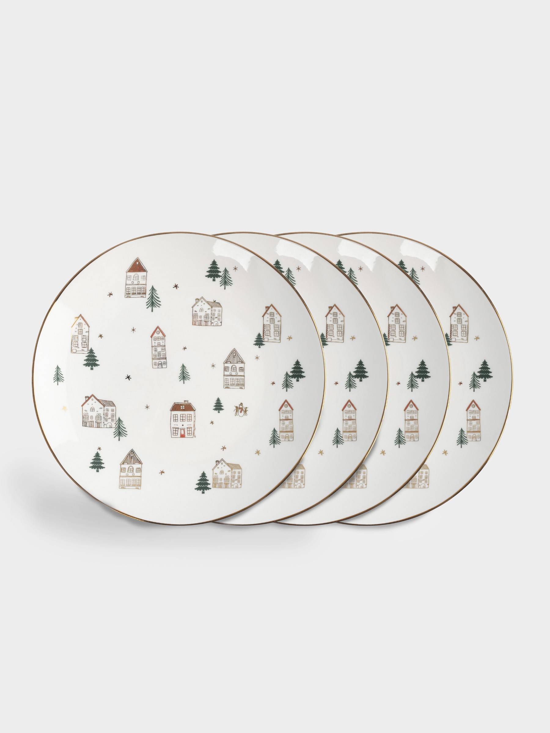 Тарелка закусочная, 19 см, 4 шт, костяной фарфор, бело-золотистая, Домики и ели, Townlet