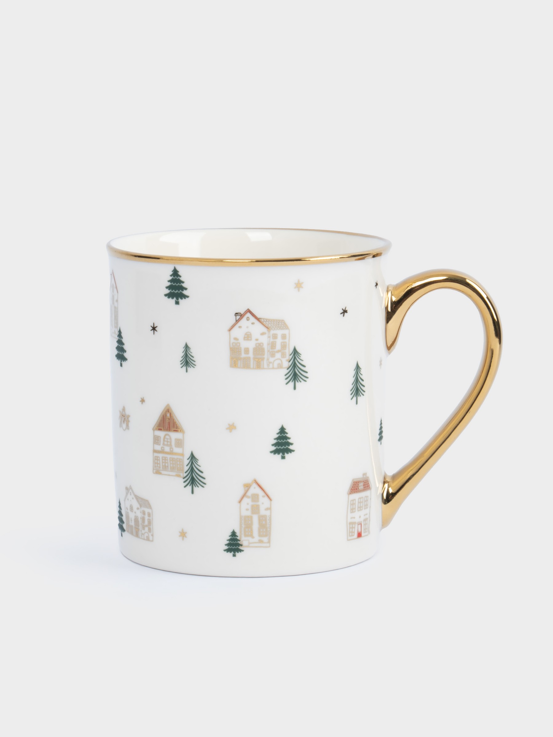 Кружка, 300 мл, костяной фарфор, бело-золотистая, Домики и ели, Townlet