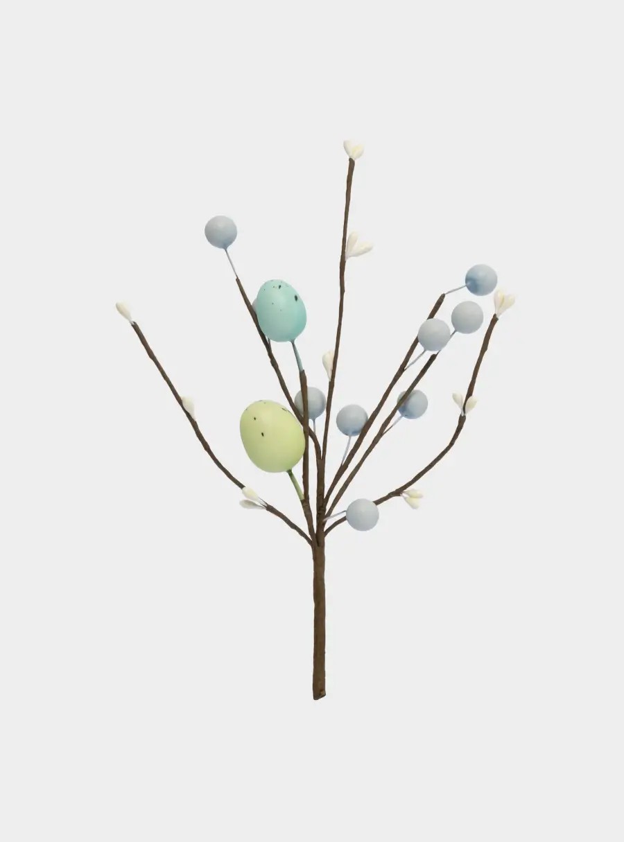Ветка декоративная, 20 см, пенопласт/бумага, Ветка с зелеными яйцами, Interior Easter
