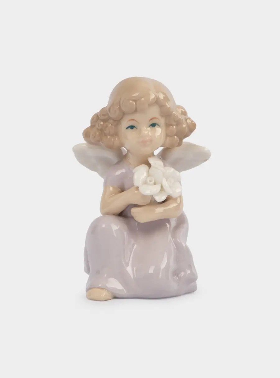 Статуэтка, 10 см, фарфор, молочно-лиловая, Ангел с букетом, Lady
