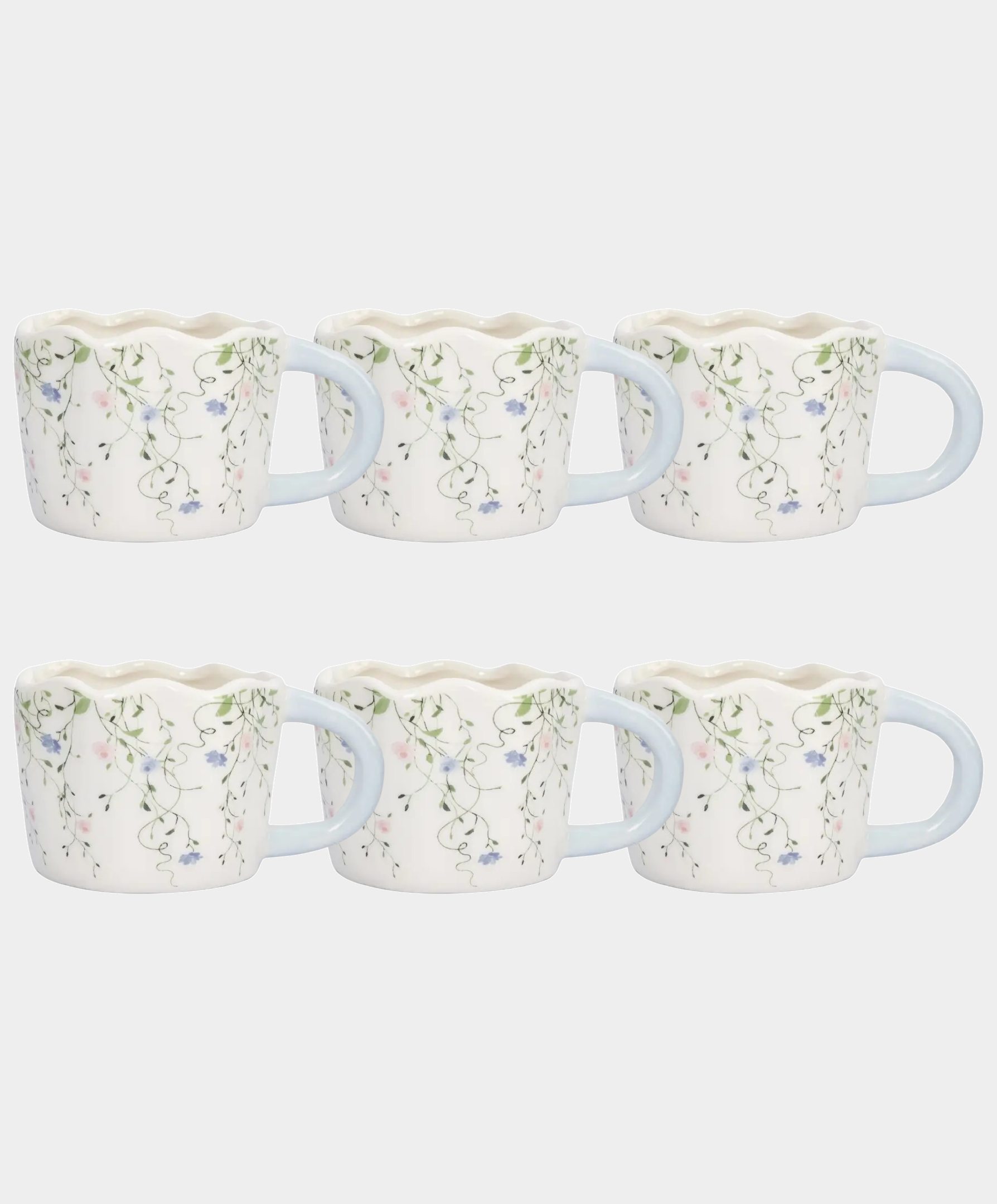 Набор 6 кружек, 460 мл, керамика, молочно-голубая, Цветы, Mint flowers