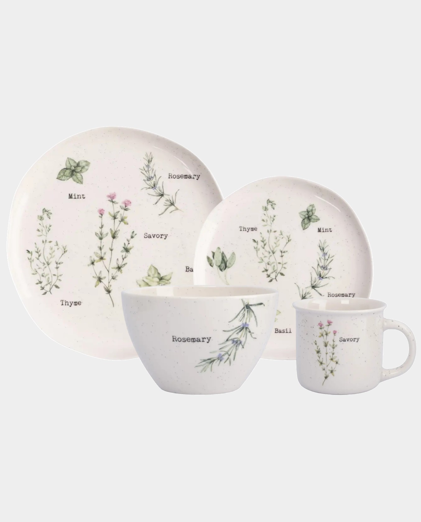 Сервиз обеденный с кружками, 6 персон, 24 предмета, костяной фарфор, белый, в крапинку, Приправы, Herbarium new