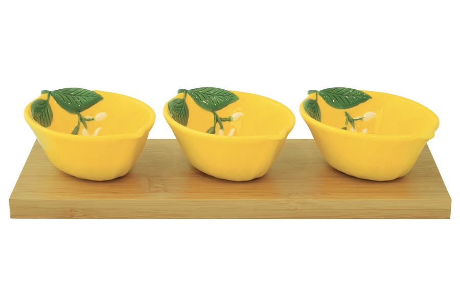 Набор для закусок, 3 пр, на подставке, фарфор P/бамбук, желтый, Лимон, Fleurs et Citrons