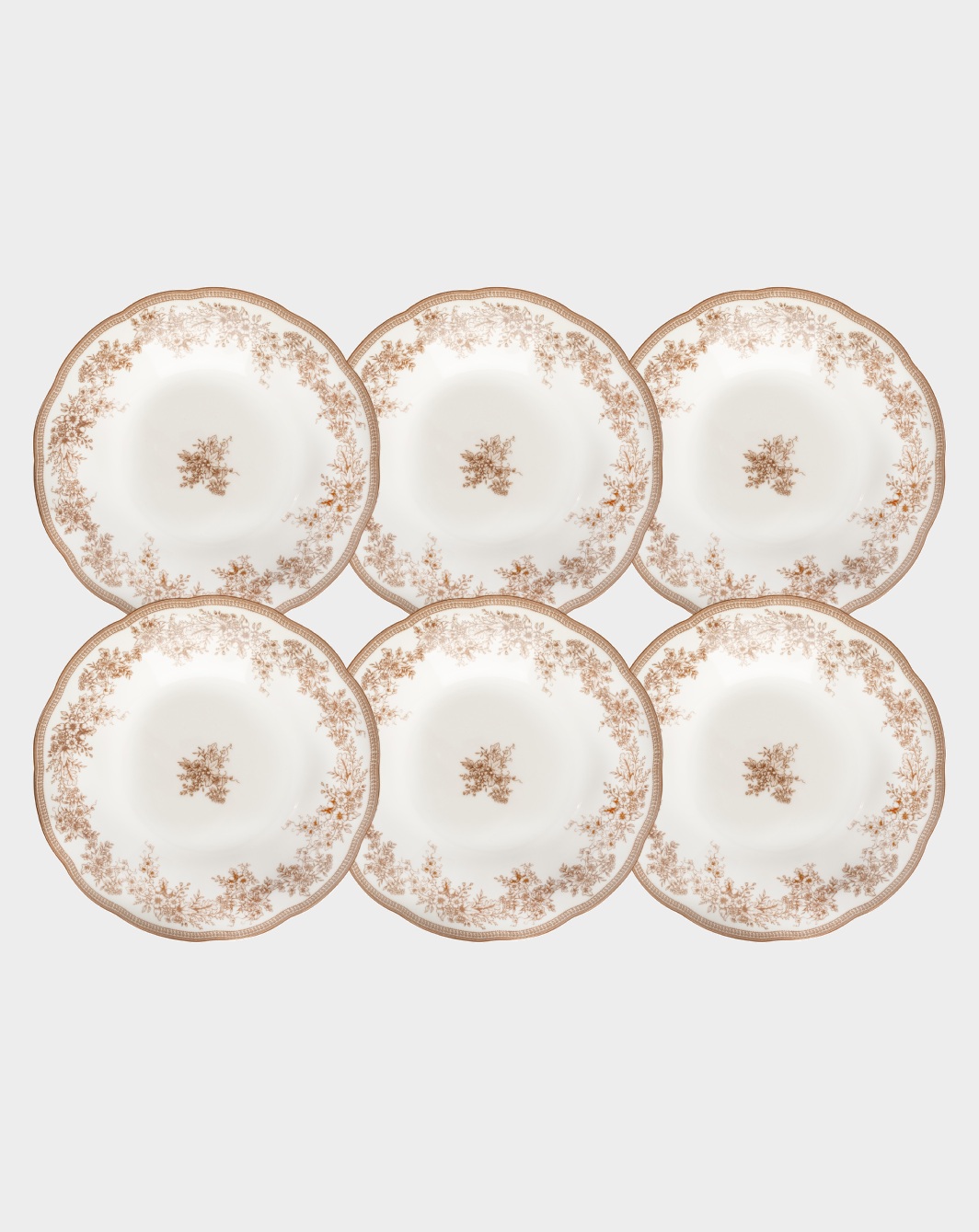 Набор 6 тарелок суповых, 22✕4 см, 600 мл, фарфор, белых, Коричневые цветы, Burgundy
