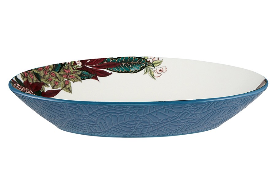 Салатник, 32х23 см, 1,5 л, керамика, овальный, синий, Цветы и птица, Reminisce Салатник, 32х23 см, 1,5 л, керамика, овальный, синий, Цветы и птица, Reminisce