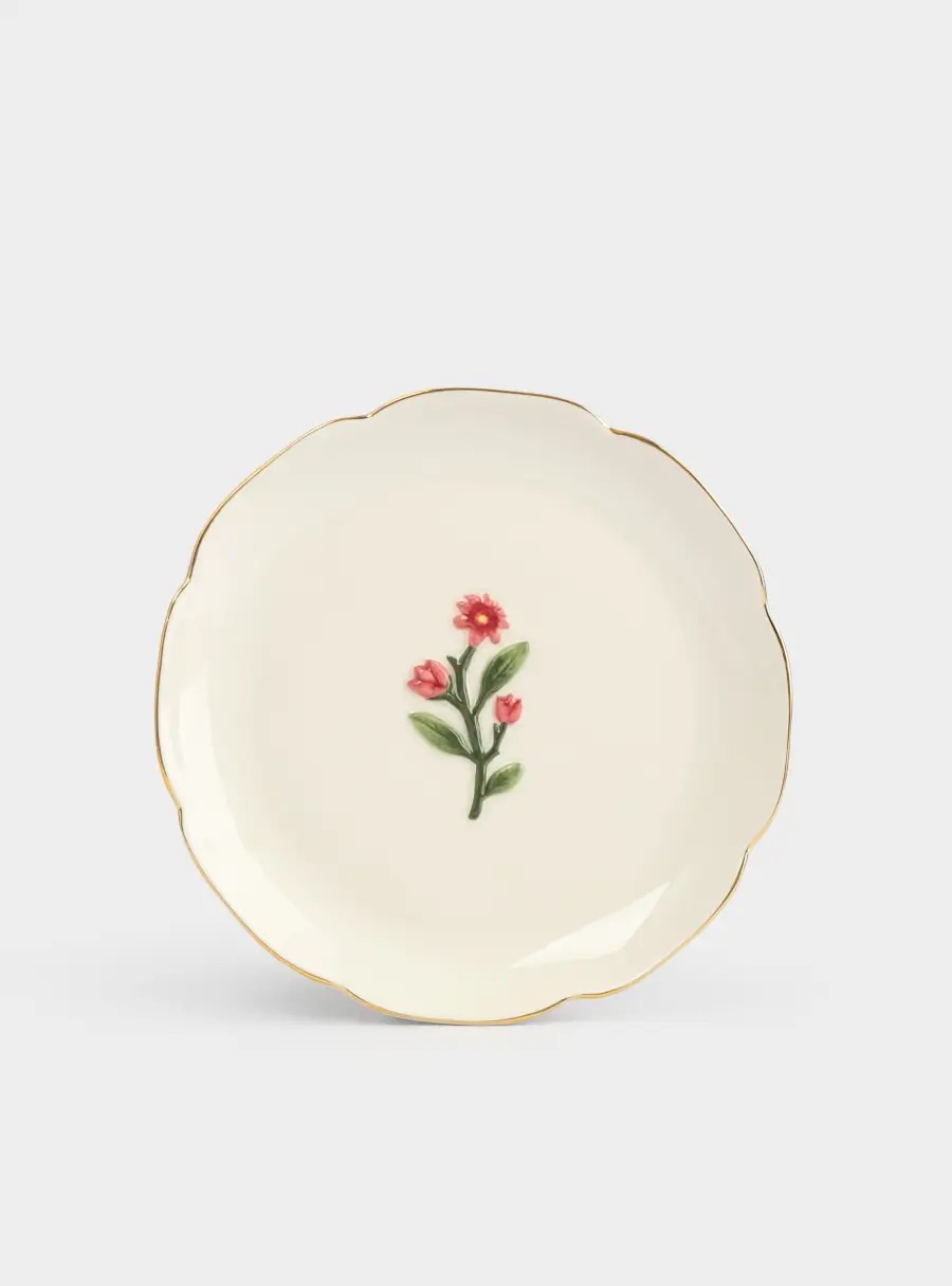 Тарелка десертная, 17 см, керамика, молочная, с золотистым кантом, Фиолетовые цветы, Gentle flower