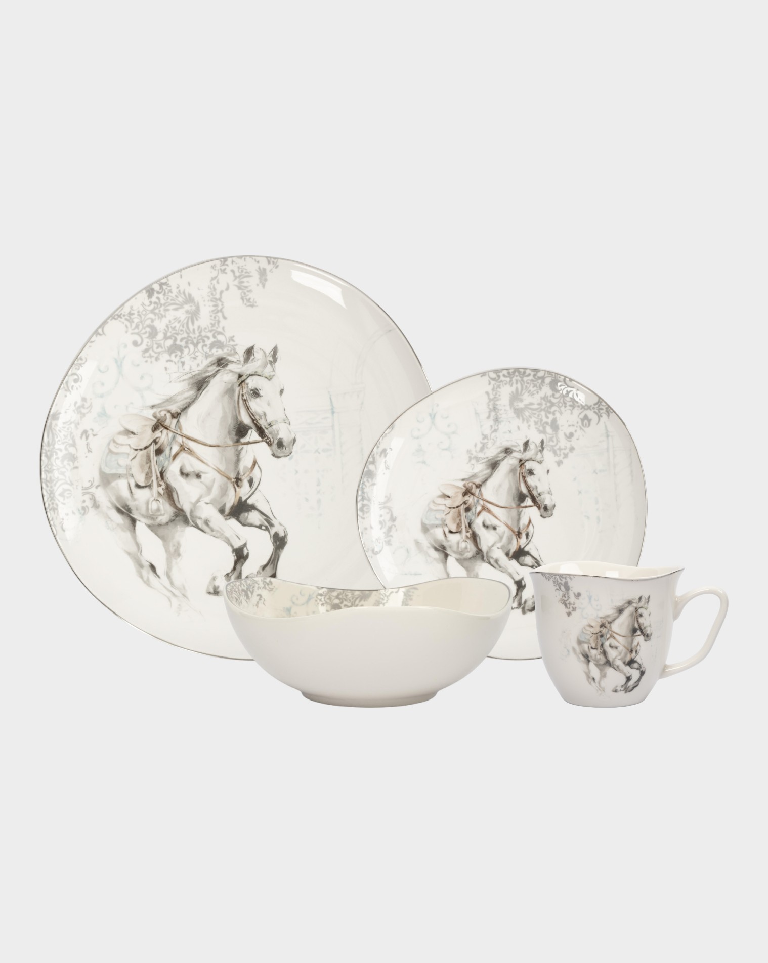 Набор обеденный с кружками 6 персон 24 предмета, костяной фарфор, белая, с серебристым кантом, Конь, White horse