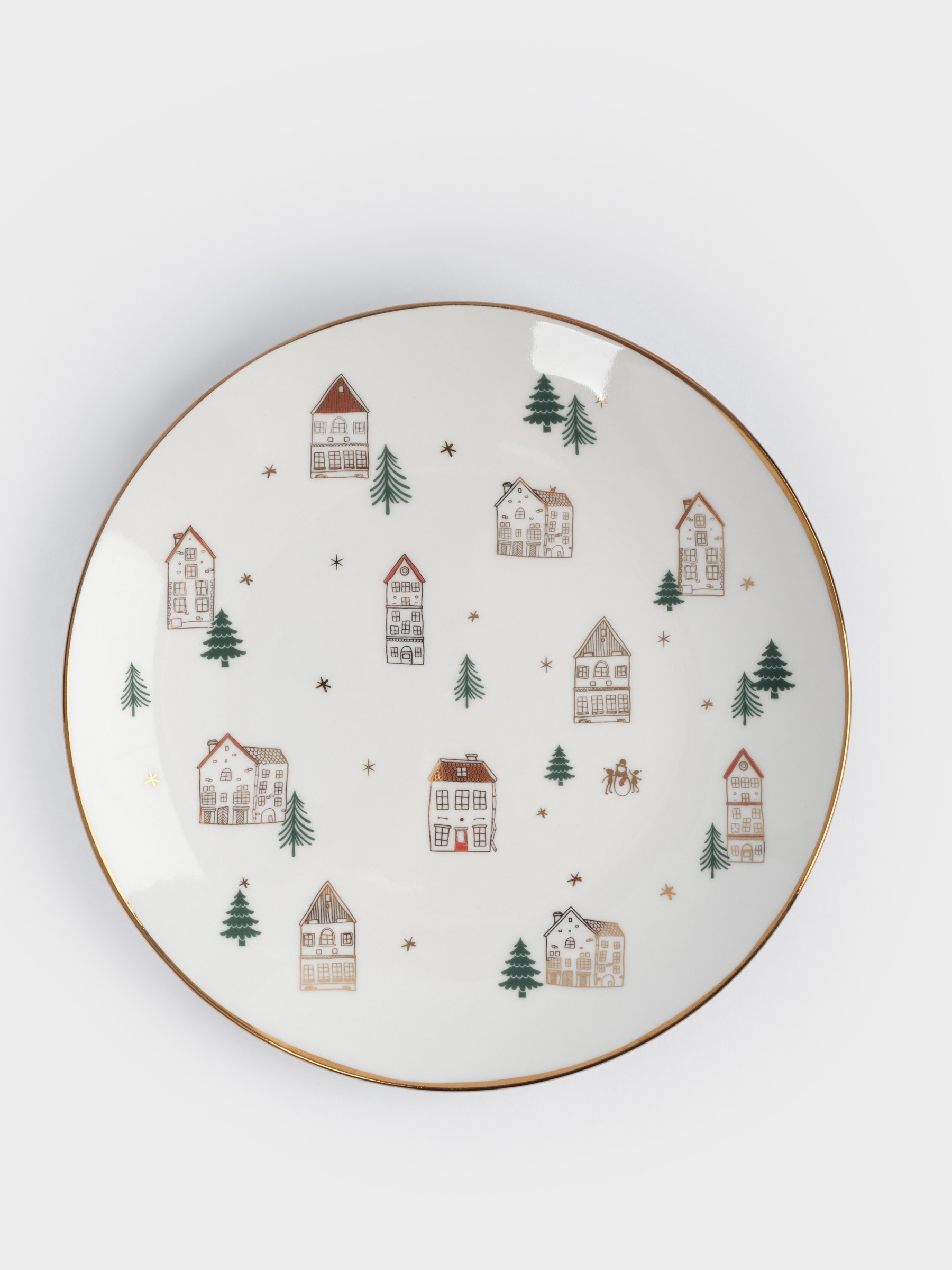 Тарелка закусочная, 19 см, костяной фарфор, бело-золотистая, Домики и ели, Townlet