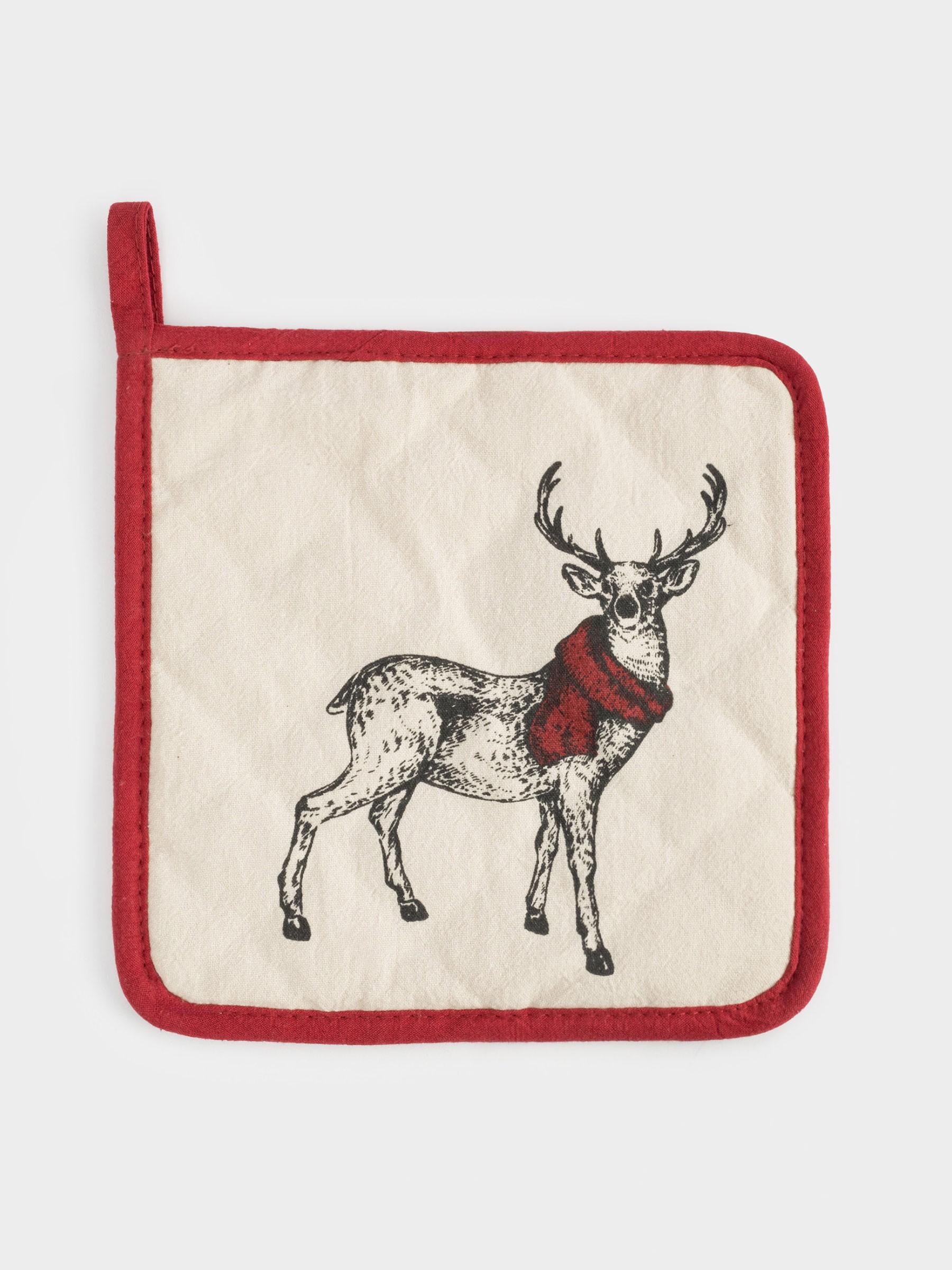 Прихватка, 20✕20 см, хлопок, серо-бежевая, Олень в шарфе, Deer