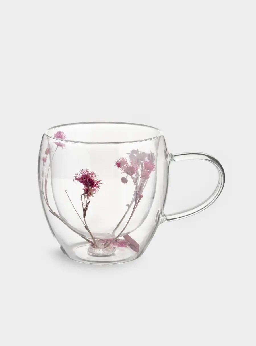 Кружка, 240 мл, стекло, с сухоцветами внутри, Сиреневые цветы, Wind-mystery