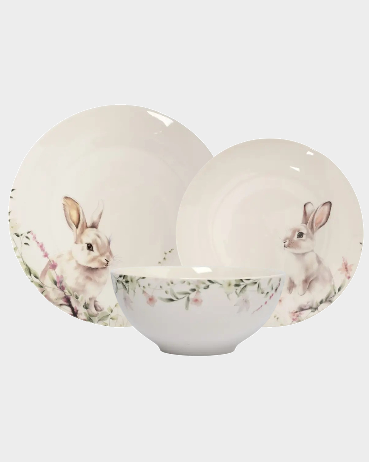 Сервиз обеденный, 4 персоны, 12 предметов, костяной фарфор, белый, Кролик в цветах, Bunny