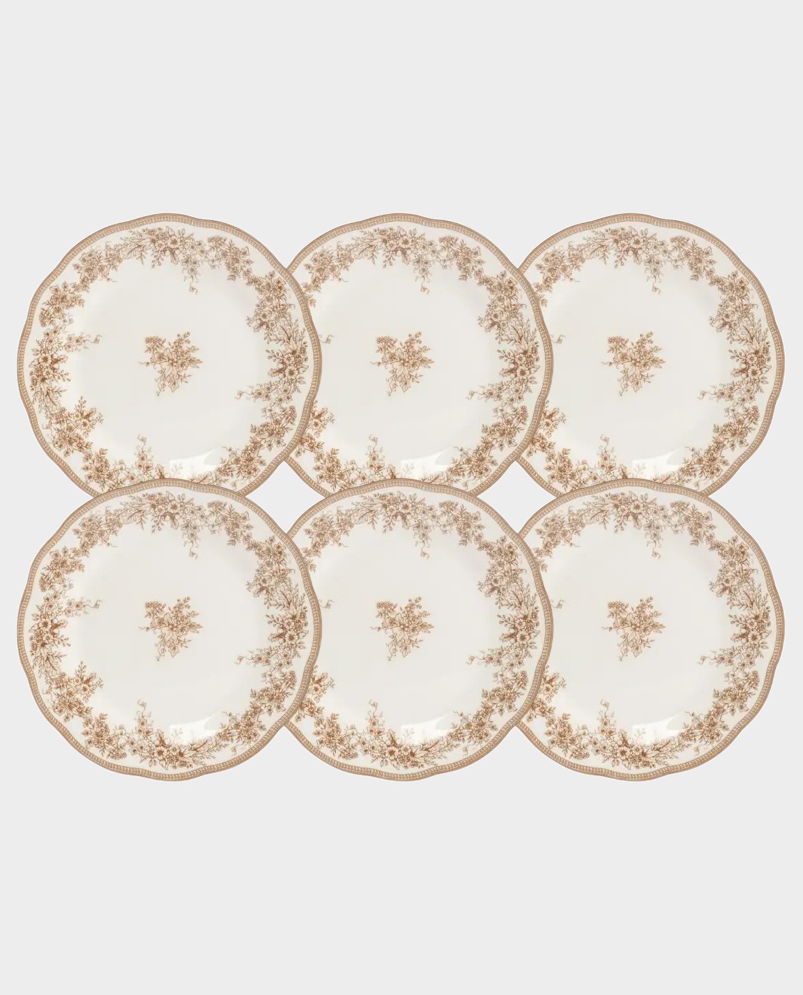 Набор 6 тарелок закусочных, 19 см, фарфор, белый, Коричневые цветы, Burgundy