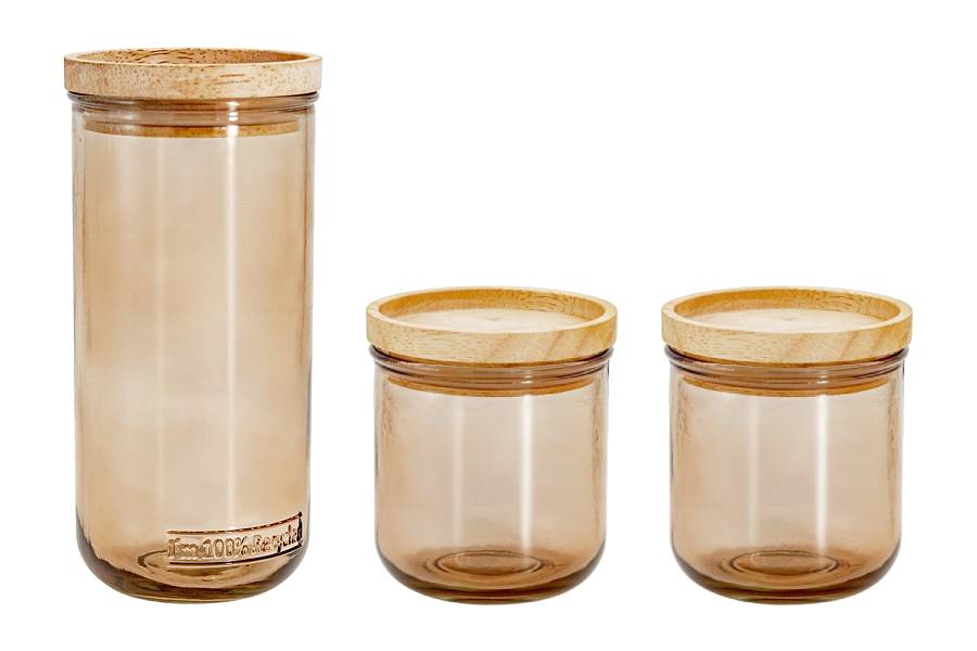 Банка для сыпучих продуктов, 820/350 мл, стекло/дерево, коричневая, Jars, 3 шт 