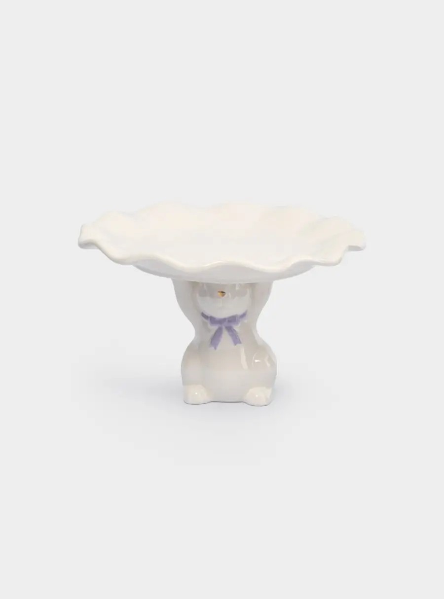 Блюдо на ножке, 19✕12 см, керамика, молочно-золотистое, Кролик с бантом, White Rabbit