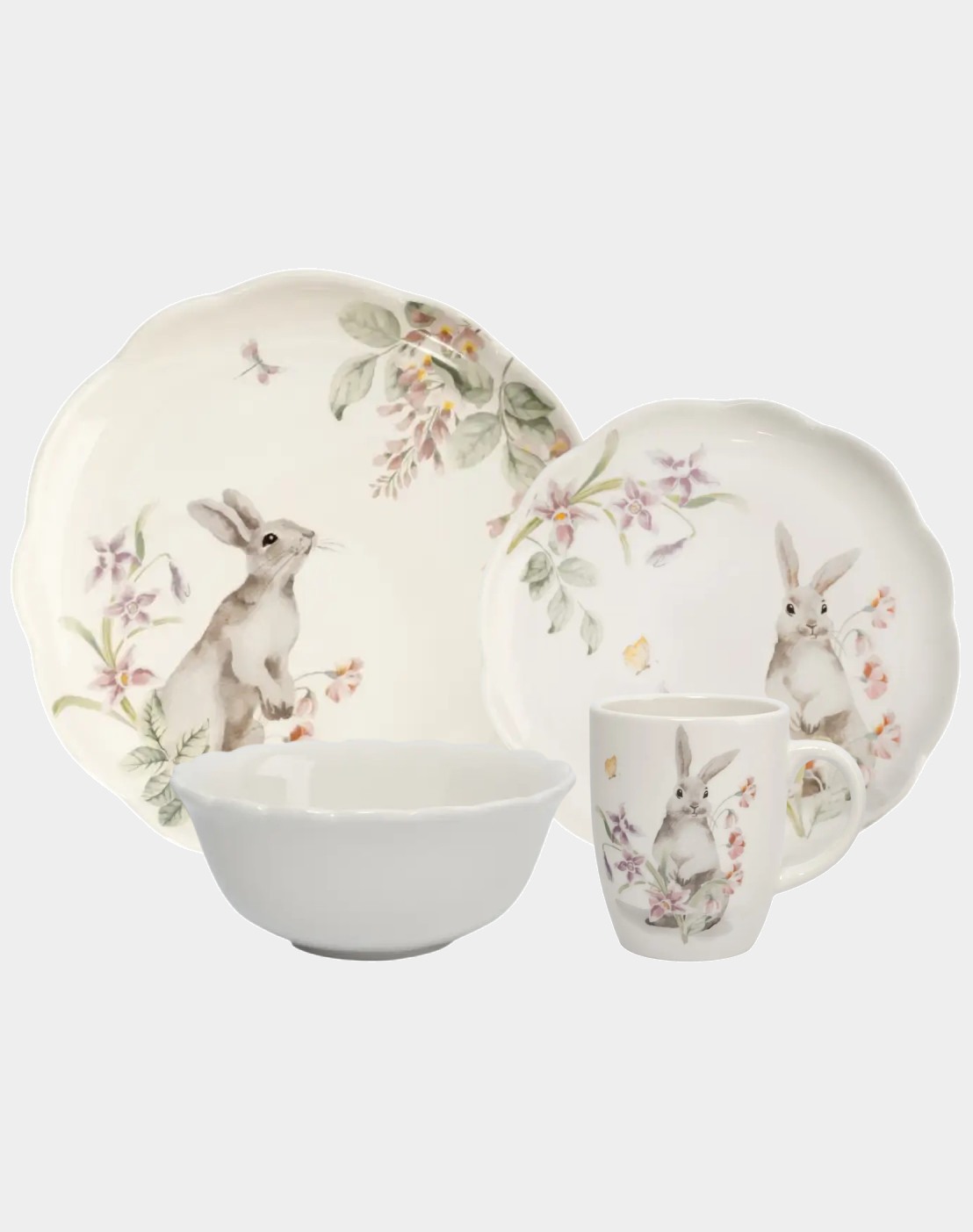 Сервиз обеденный с кружками, 4 персоны, 16 предметов, керамика, белый, Кролик с цветами, Flower Rabbit