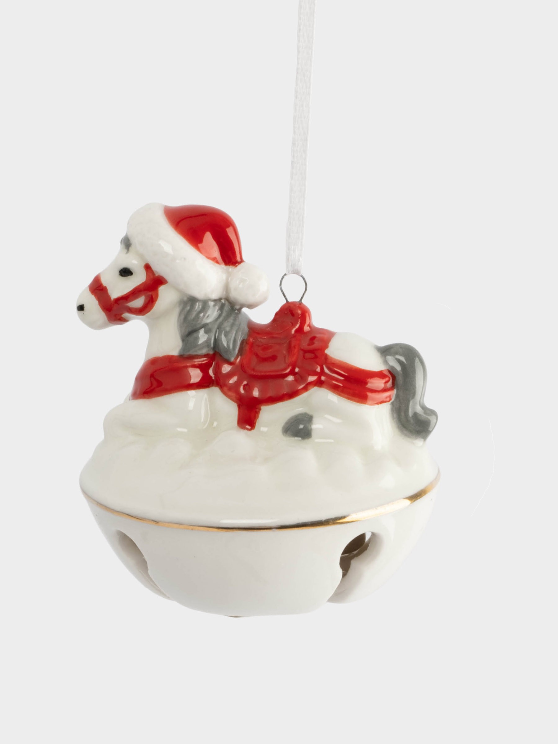 Игрушка елочная, 7 см, с колокольчиком, фарфор, бело-красная, Лошадка на снегу, New year Игрушка елочная, 7 см, с колокольчиком, фарфор, бело-красная, Лошадка на снегу, New year