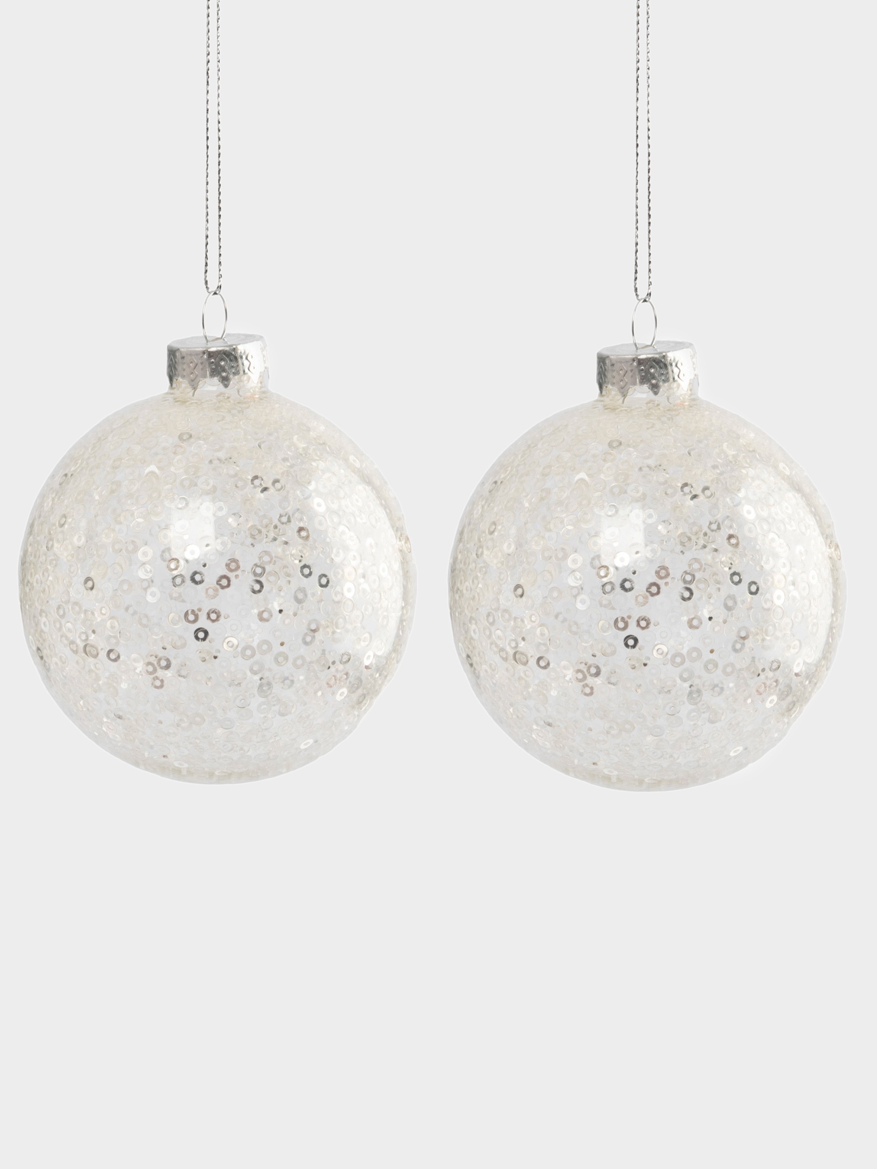 Игрушка елочная, 8 см, 2 шт, стекло/пайетки, серебристая, Шар с узором, New year