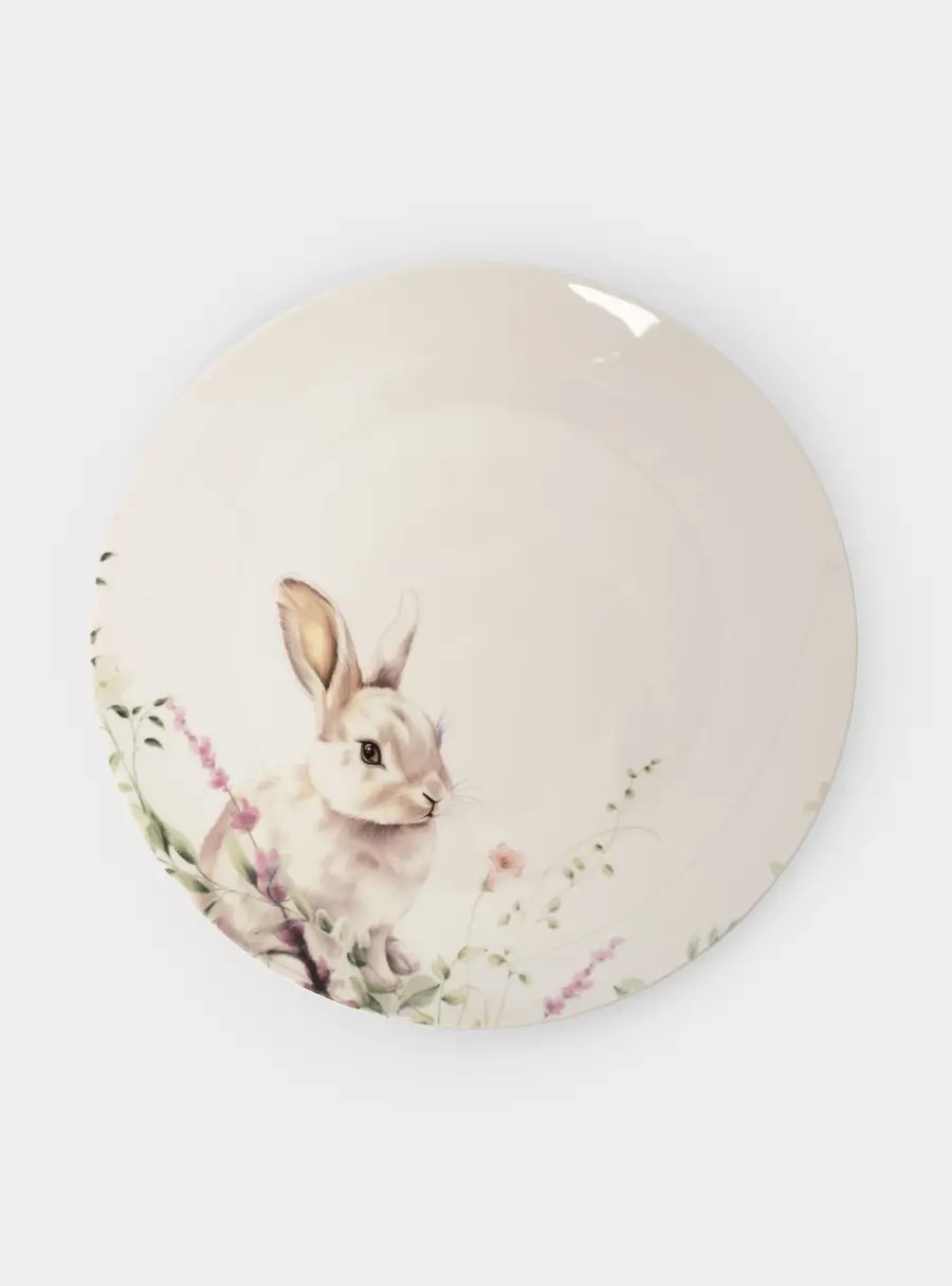 Тарелка обеденная, 27 см, костяной фарфор, белая, Кролик в цветах, Bunny