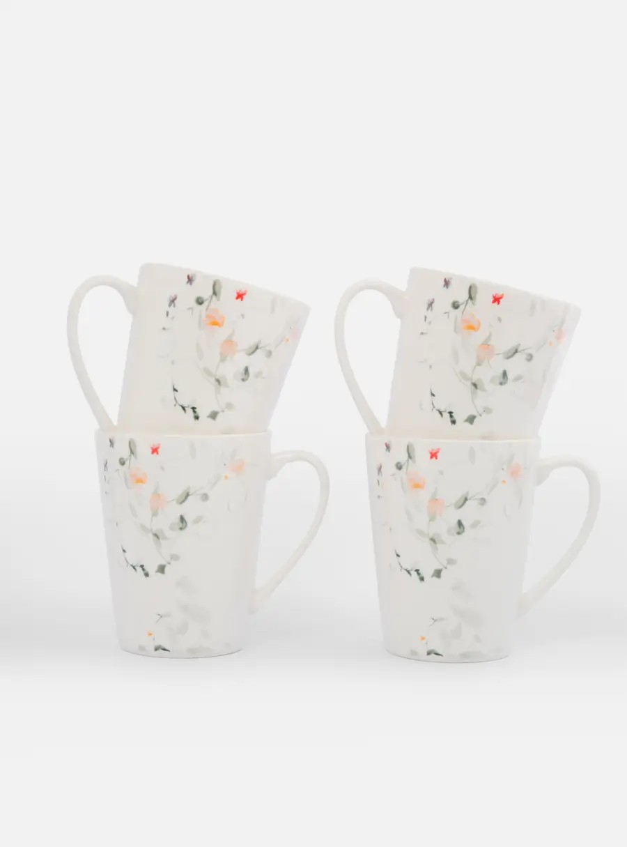 Кружка, 420 мл, 4 шт, костяной фарфор, белая, Цветы и листья, Primrose