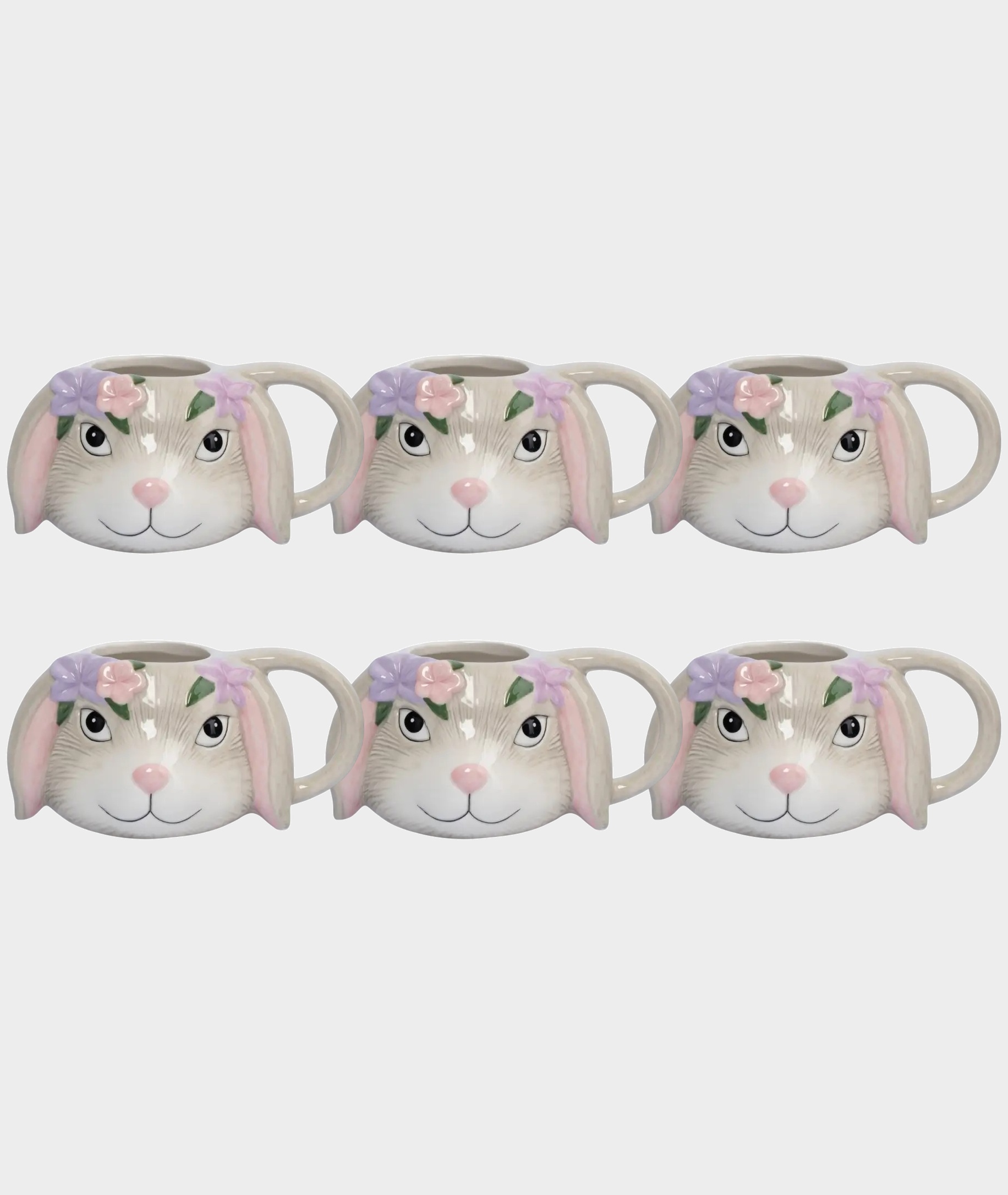 Набор 6 кружек, 520 мл, керамика, серая, Кролик с цветами, Brown Rabbit