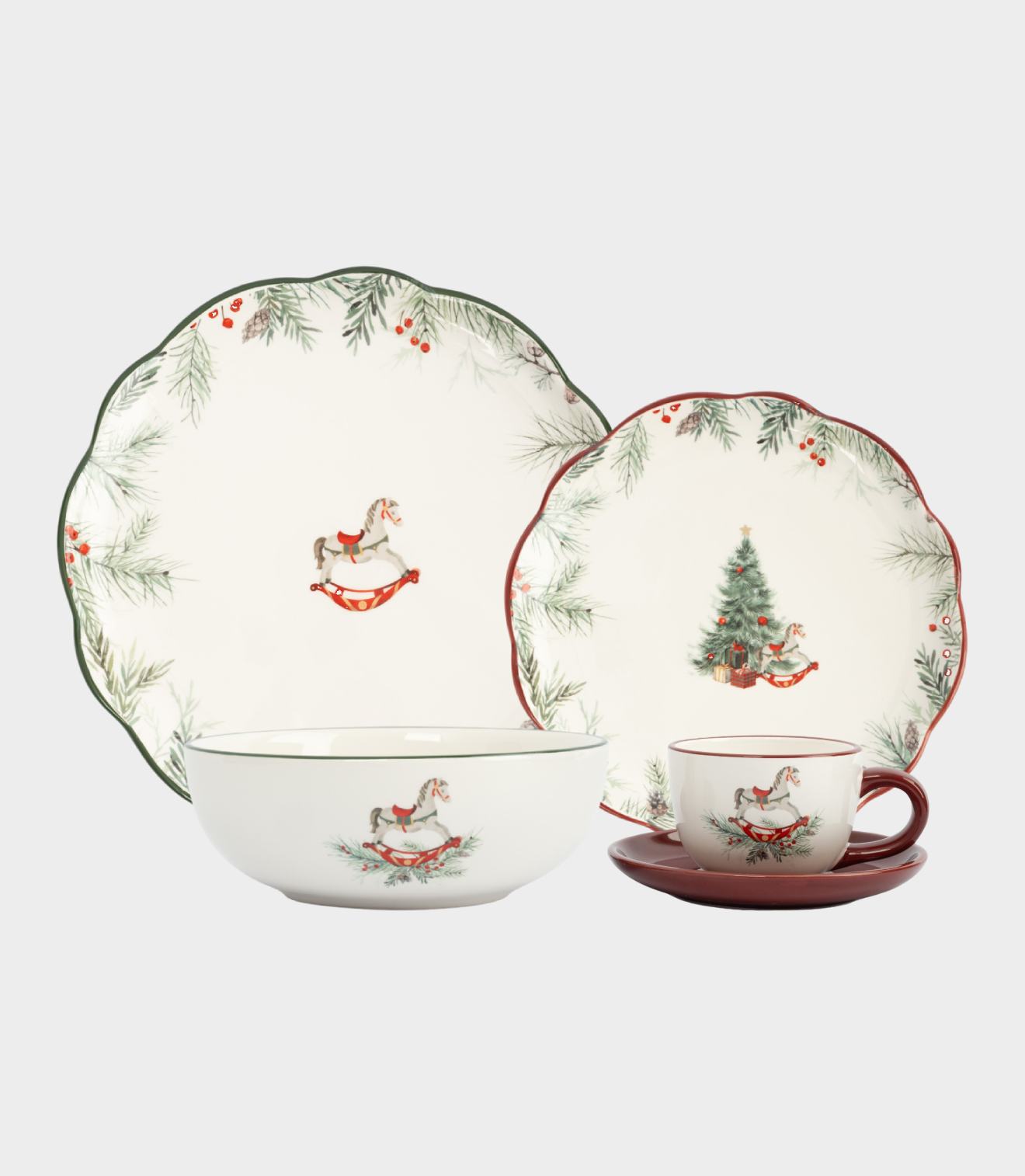 Набор обеденный с чашками 4 персоны 20 предметов, керамика, зеленый, красный, Лошадка и елка, Festival