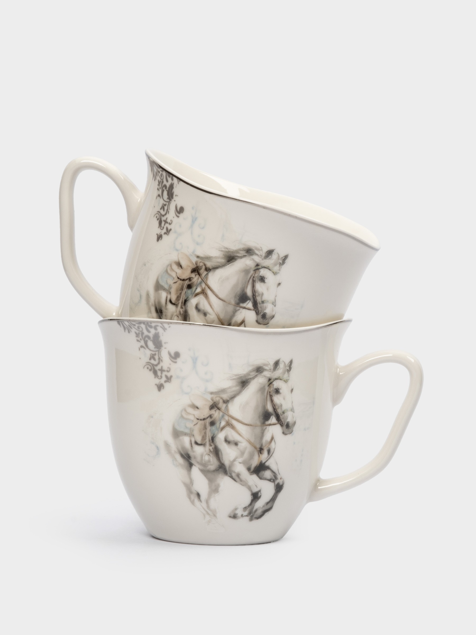 Кружка, 320 мл, 2 шт, костяной фарфор, белая, с серебристым кантом, Конь, White horse