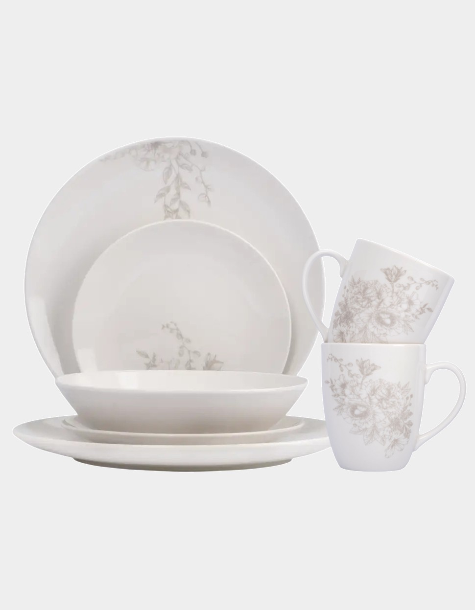 Сервиз обеденный с кружками, 6 персон, 24 предмета, фарфор, белый, Бежевые цветы, Lorenzo
