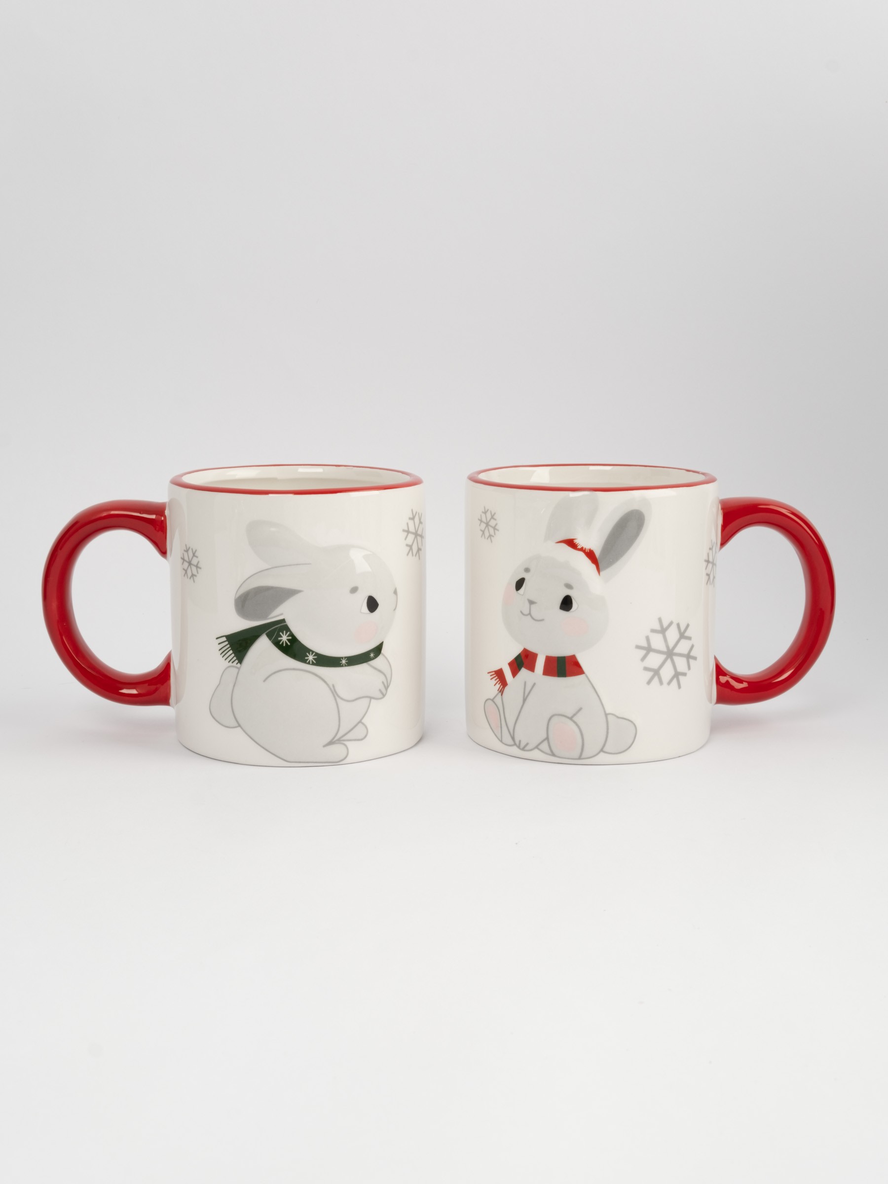 Кружка, детская, 360 мл, 2 шт, керамика, молочно-красная, Зайчики в шарфах, New year