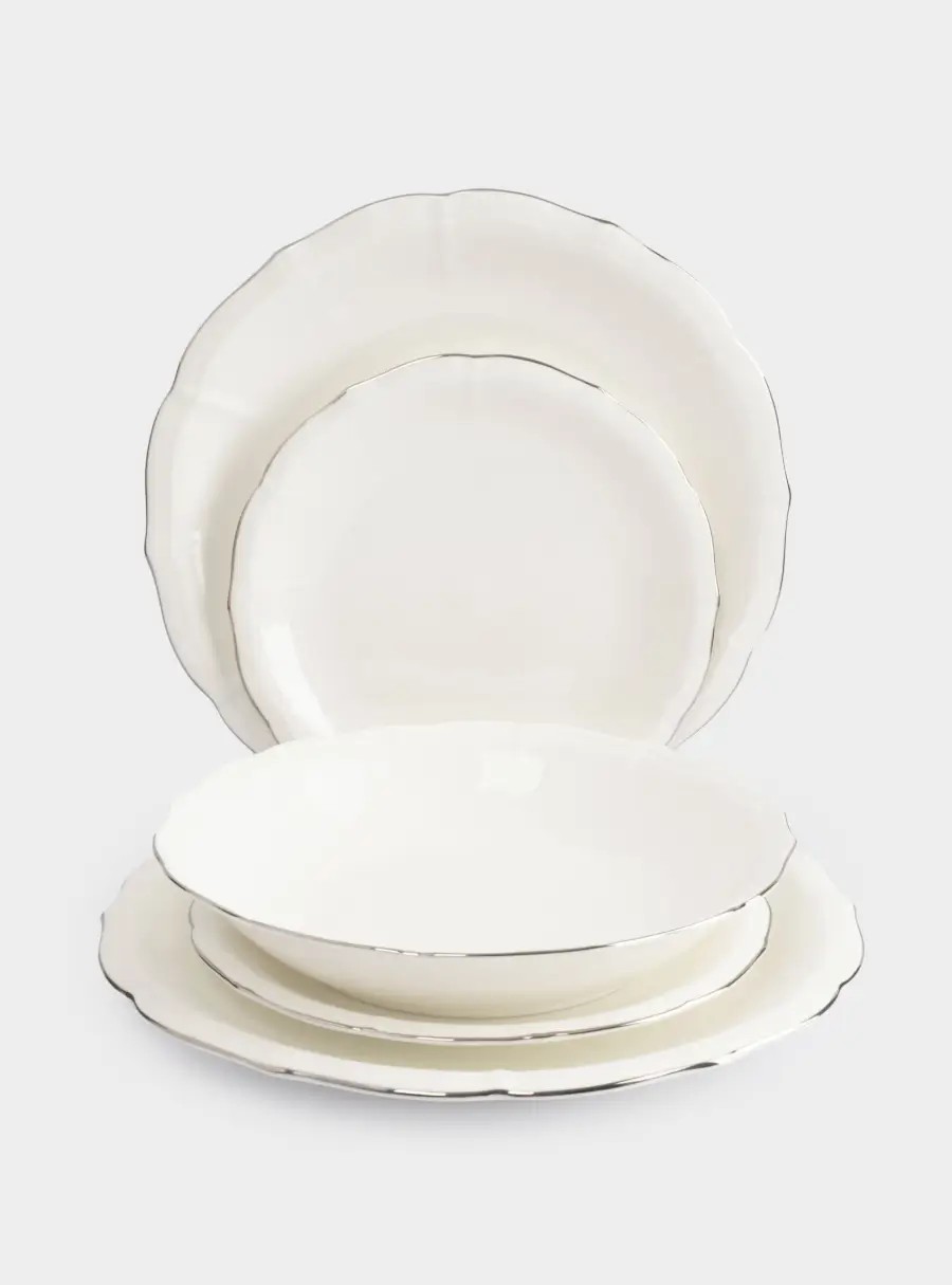 Сервиз обеденный, 6 персон, 18 предметов, костяной фарфор, белый, с серебристым кантом, Dynasty