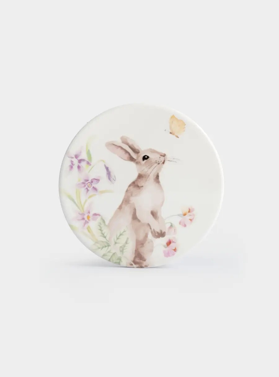 Подставка под кружку, 11 см, круглая, керамика/пробка, белая, Кролик в цветах, Flower Rabbit