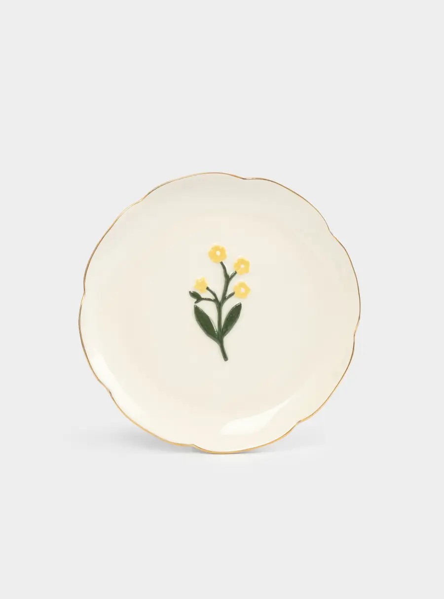 Тарелка десертная, 17 см, керамика, молочная, с золотистым кантом, Желтые цветы, Gentle flower
