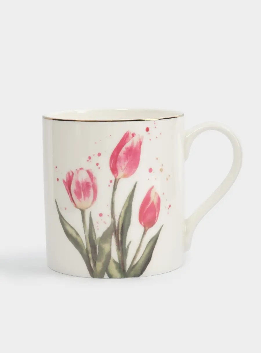 Кружка, 380 мл, костяной фарфор, белая, с золотистым кантом, Тюльпаны, Giardino